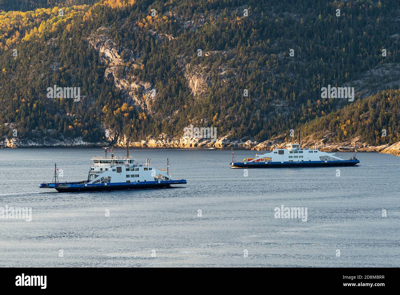 Two ferry crossing the Saguenay river fjord between Tadoussac and Baie-Sainte-Catherine to ensure continuity of the 138 quebec road. Stock Photo