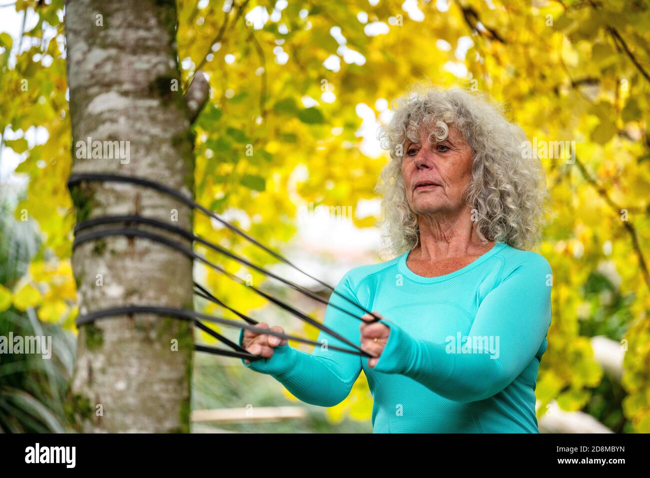 A woman in her sixties exercises outdoors with a resistance band in autumn. Stock Photo