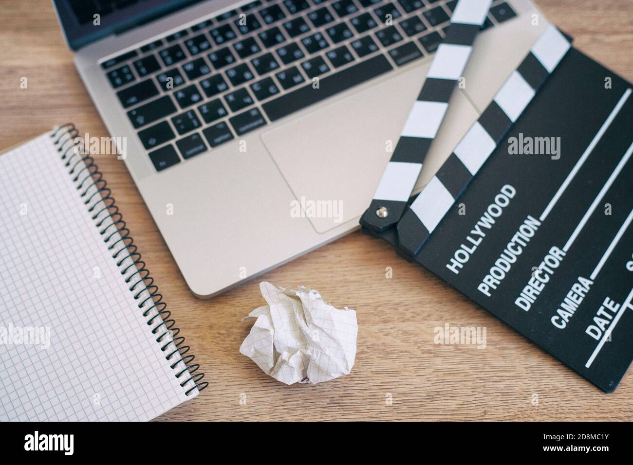 Notepad Video Video Editing,Movie clapper laptop and pencil notepad on the wood table ...