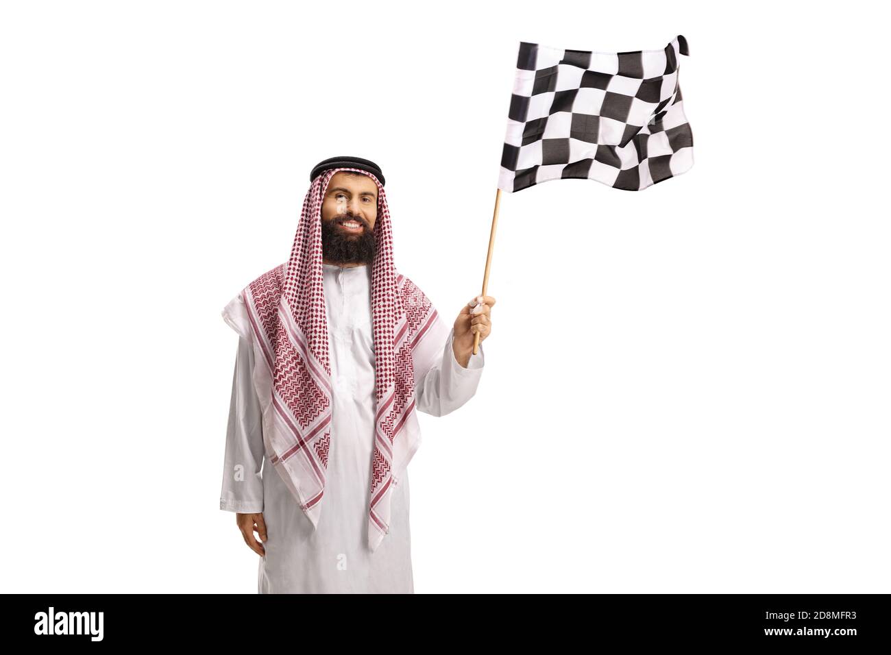 Arab man in a thobe waving a checkered flag isolated on white background Stock Photo