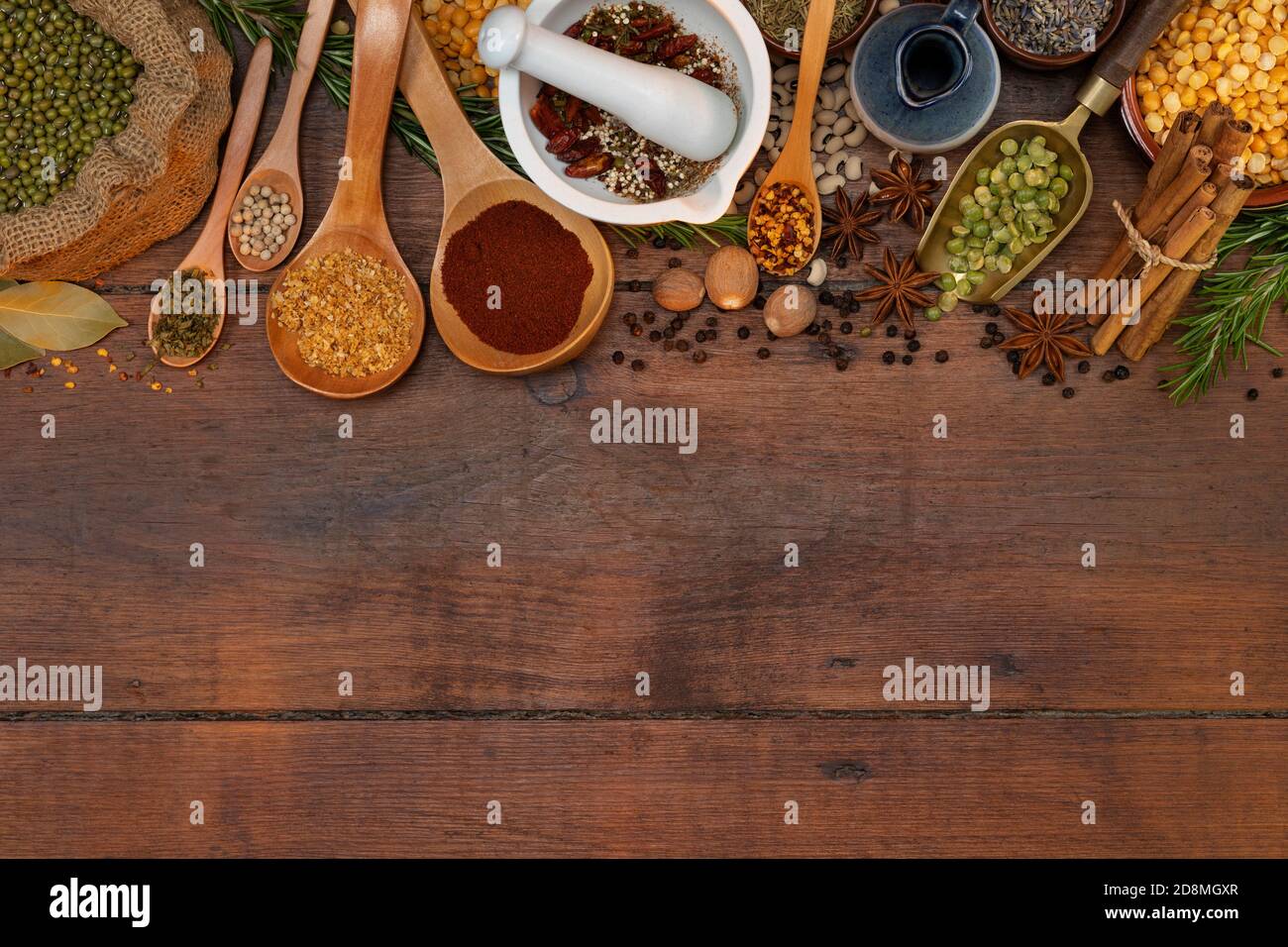 Cooking spices and herbs with space for text. Stock Photo