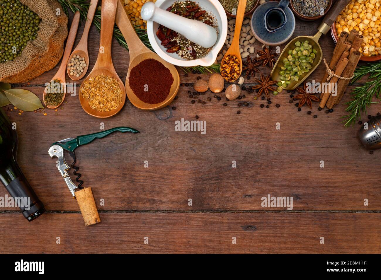 Cooking spices and herbs with space for text. Stock Photo