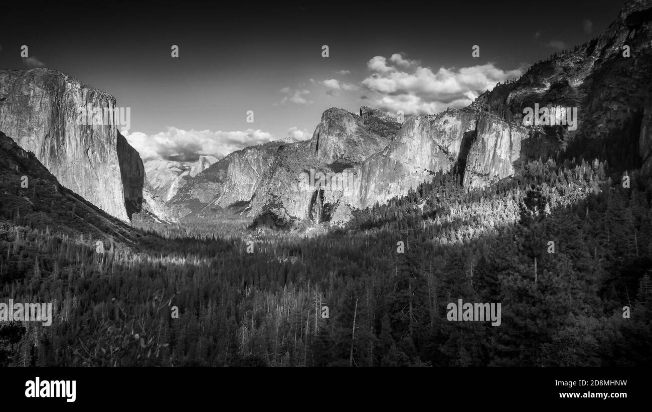 Half Dome and Yosemite Valley in black and white Stock Photo