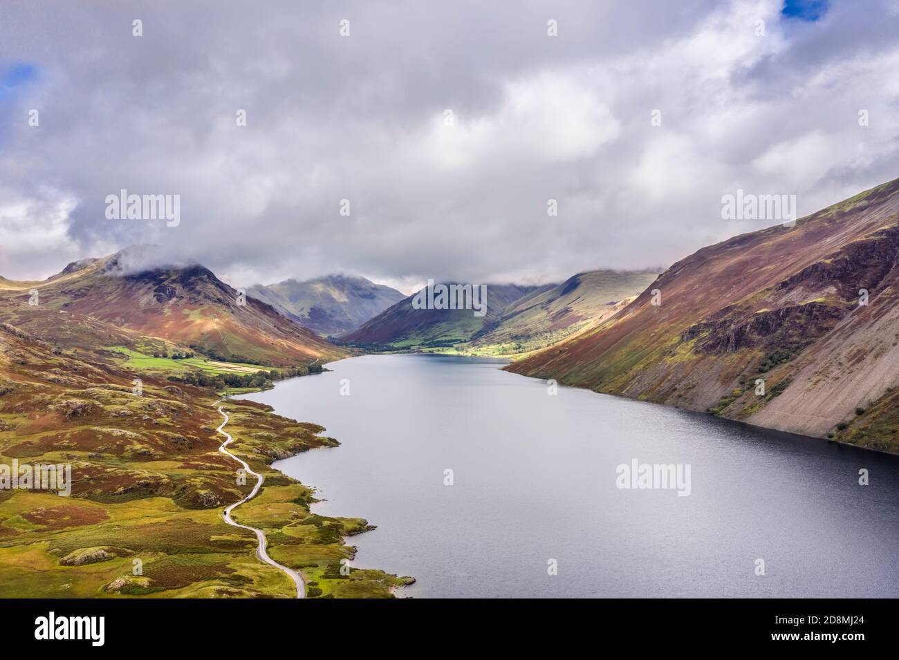 Stunning high point of view from flying drone over Lake District landscape  in late Summer, in Wast Water valley with mountain views Stock Photo - Alamy