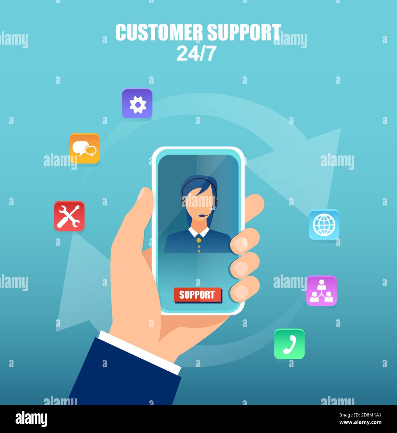 Customer service and technical support concept. Vector of a hand holding smartphone with operator on the screen. Stock Vector