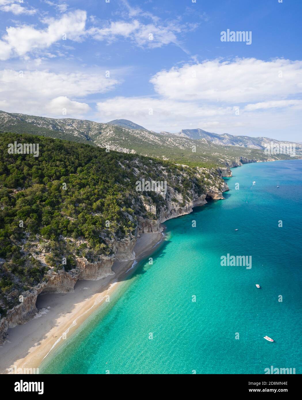 Aerial view of the amazing beach and caves of Cala Luna, Orosei gulf, Nuoro district, Ogliastra, Sardinia, Italy. Stock Photo