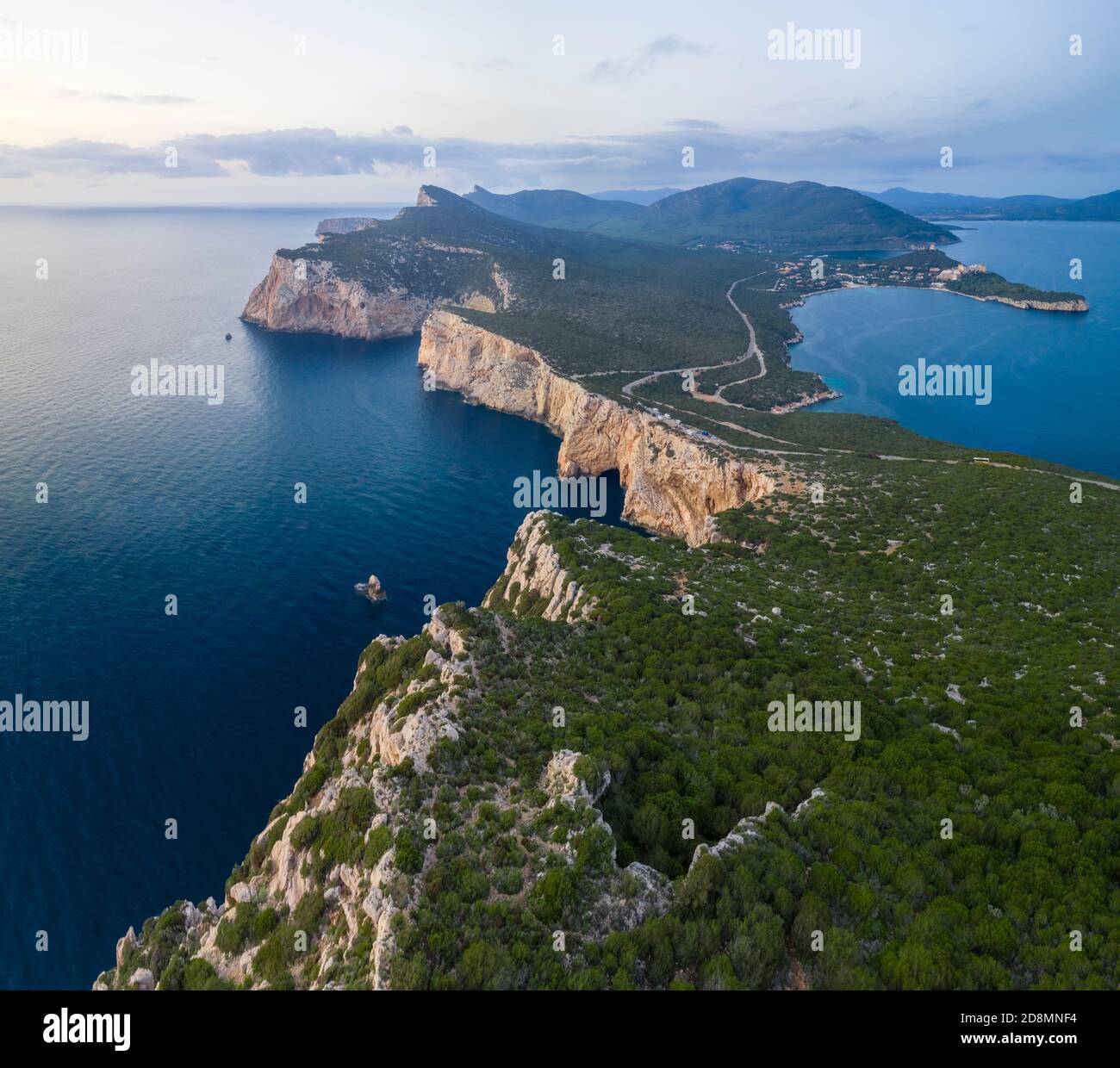 Aerial view of the rocky promontory of Capo Caccia, Alghero,  Sassari district, Sardinia, Italy. Stock Photo