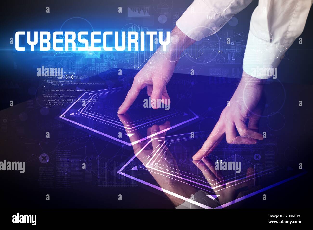 Hand touching digital table with CYBERSECURITY inscription, new age ...