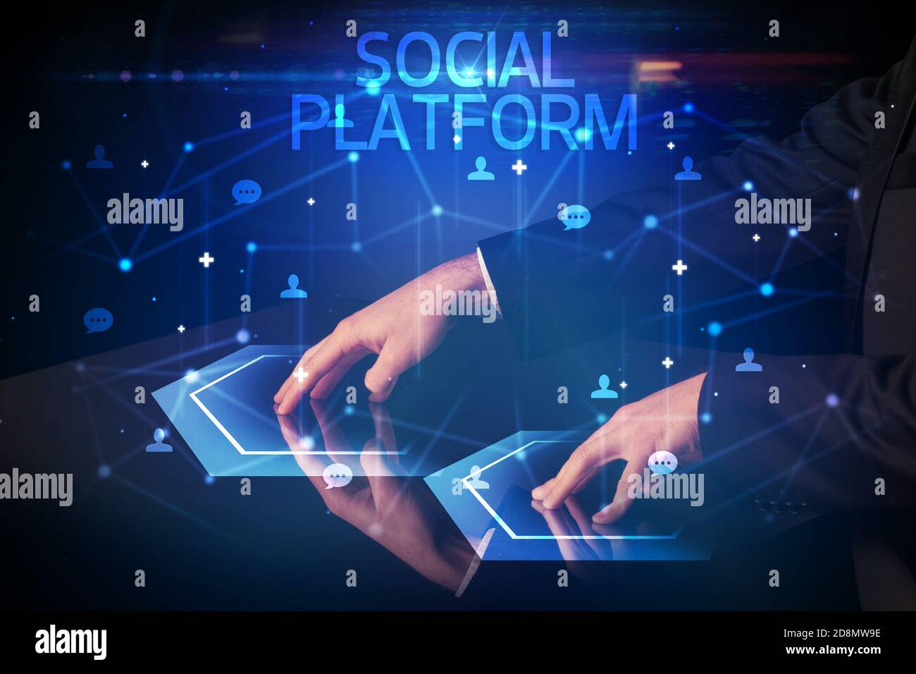 Navigating social networking with SOCIAL PLATFORM inscription, new media concept Stock Photo