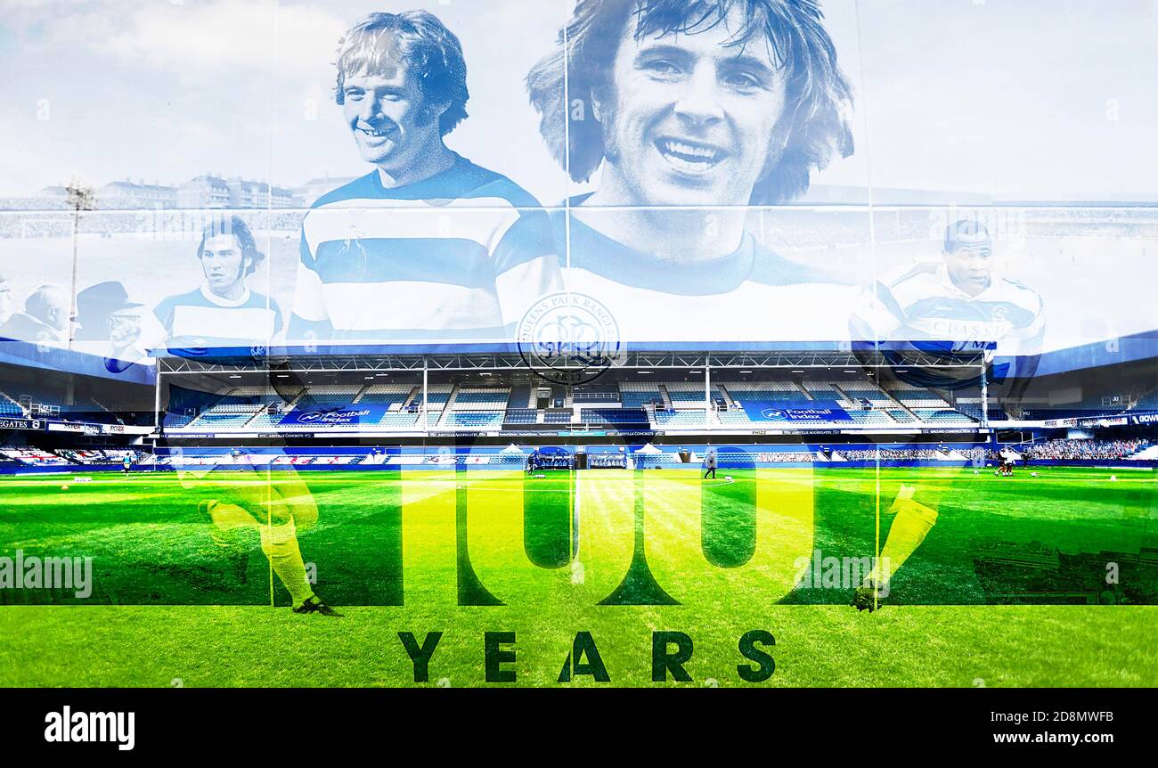 31st October 2020; The Kiyan Prince Foundation Stadium, London, England; English Football League Championship Football, Queen Park Rangers versus Cardiff City; Double exposure of Display in stands for the centenary of 100 years at Loftus Road stadium showing Stan Bowles Stock Photo