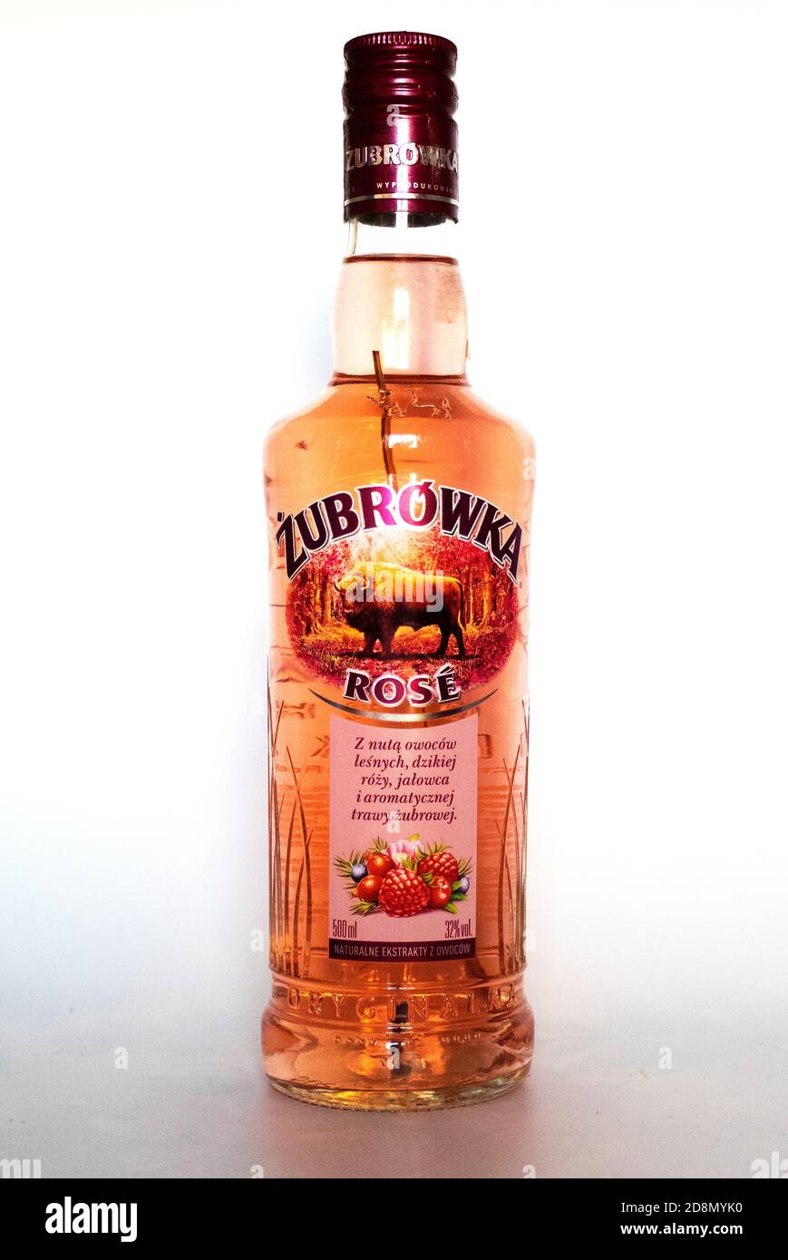 In this photo illustration a tincture Zubrowka Rose 0.5 l 32% bottle. Zubrovka vodka liqueurs are produced in Poland by Polmos Bialystok. Stock Photo