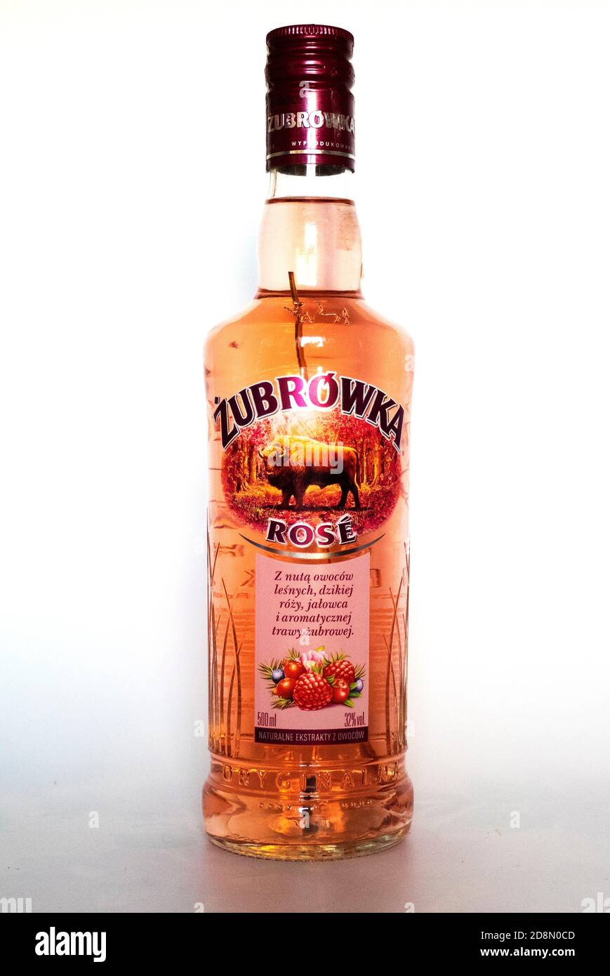 Ukraine. 25th Oct, 2020. In this photo illustration a tincture Zubrowka Rose 0.5 l 32% bottle. Zubrovka vodka liqueurs are produced in Poland by Polmos Bialystok. Credit: Valera Golovniov/SOPA Images/ZUMA Wire/Alamy Live News Stock Photo