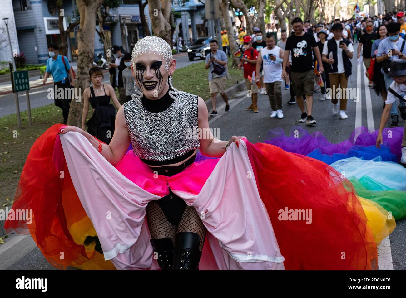 A drag queen seen wearing a rainbow costume at the 2020 Taiwan pride ...