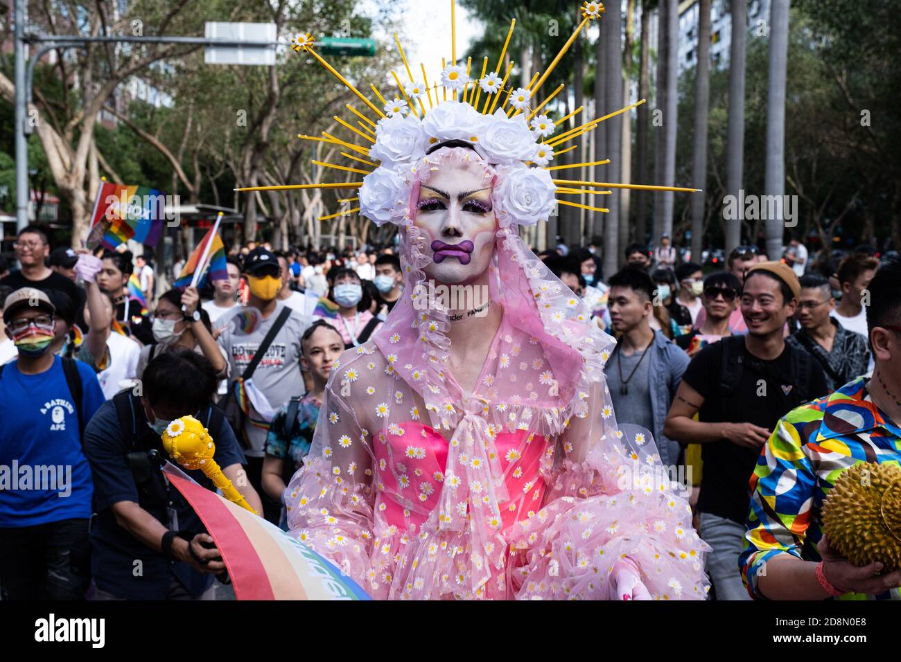 A drag queen seen wearing pink costume during the 2020 Taiwan pride ...