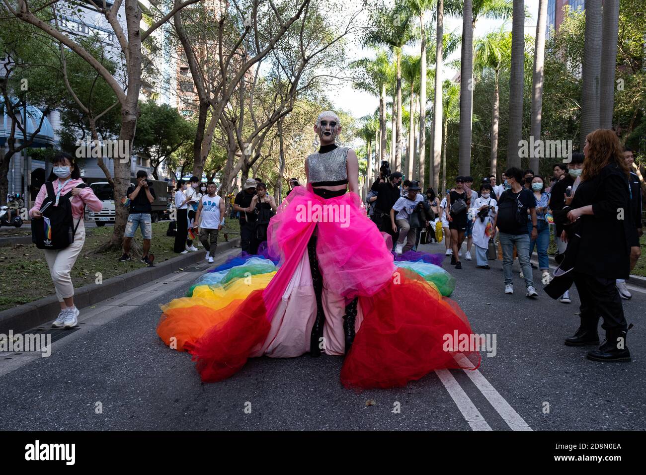 A drag queen seen wearing a rainbow costume at the 2020 Taiwan pride ...