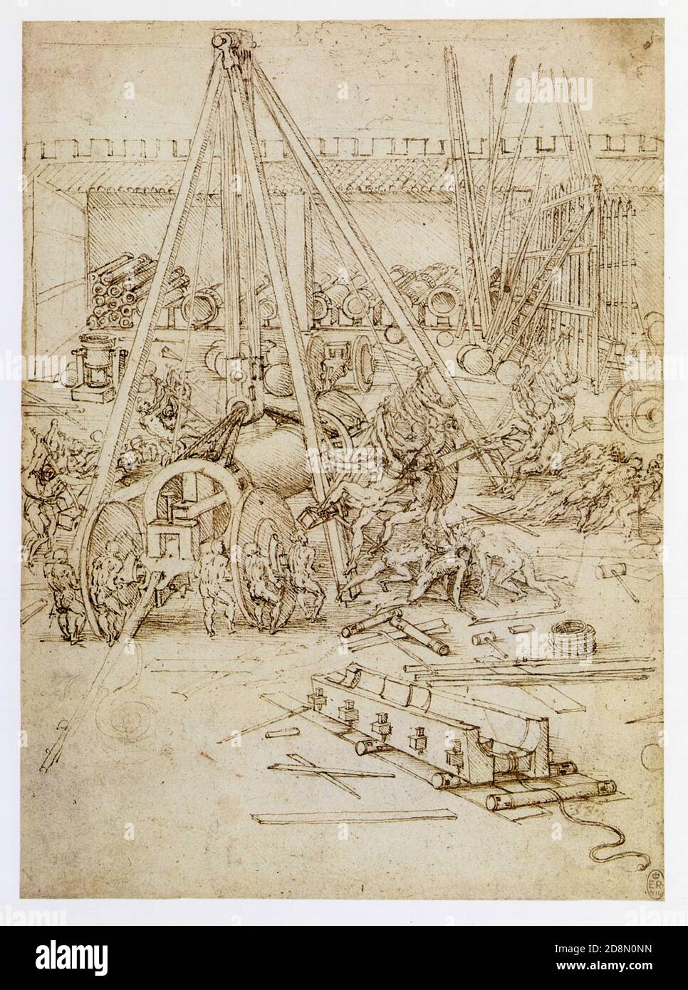 Leonardo da Vinci.An artillery park.1487.pen and ink. Stock Photo