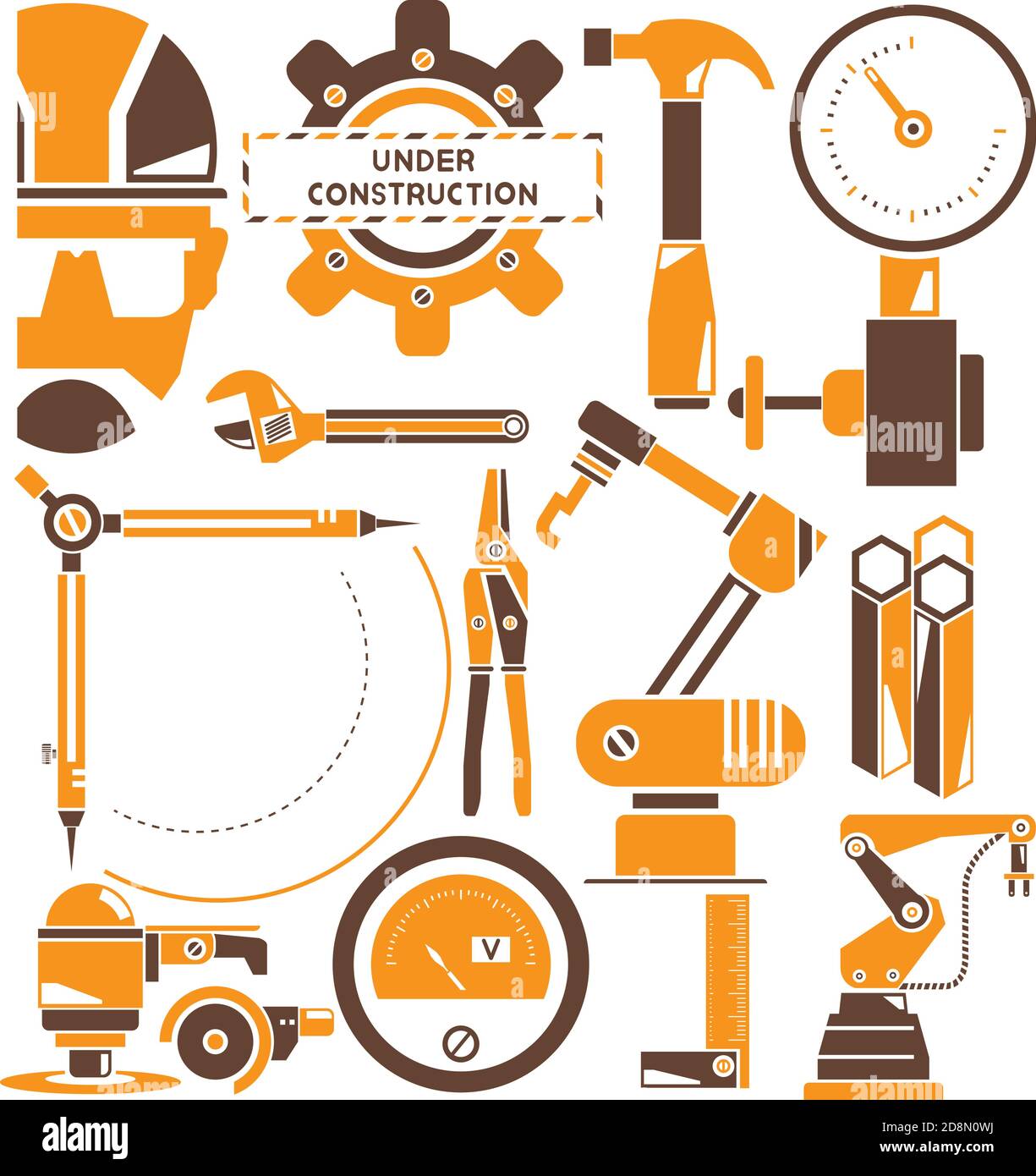 engineering, automation, and industrial management icons set, brown and orange theme Stock Vector