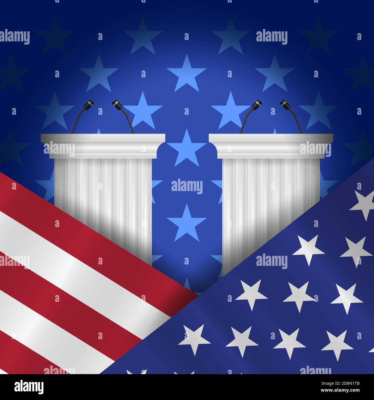 Pre-election debates. Opponents stands. 2020 United States presidential election. illustration. Stock Photo