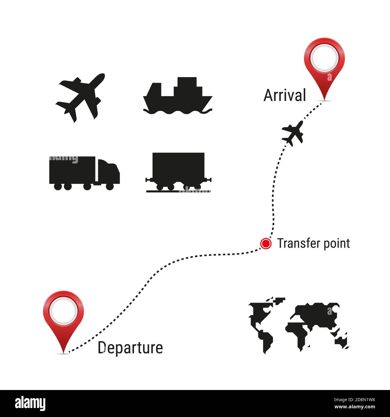 Cargo transportation icon set and route template. Simple world map. Airplane, container ship, wagon, railway car silhouette icons. illustration. Stock Photo