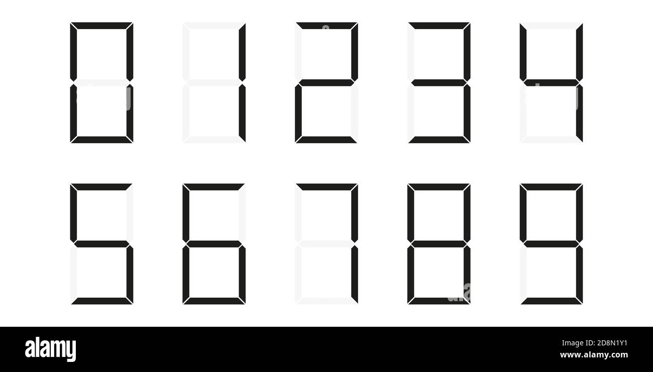 LED numbers font 0-9. Black and white. illustration. Digits electronic dial numerals. Stock Photo