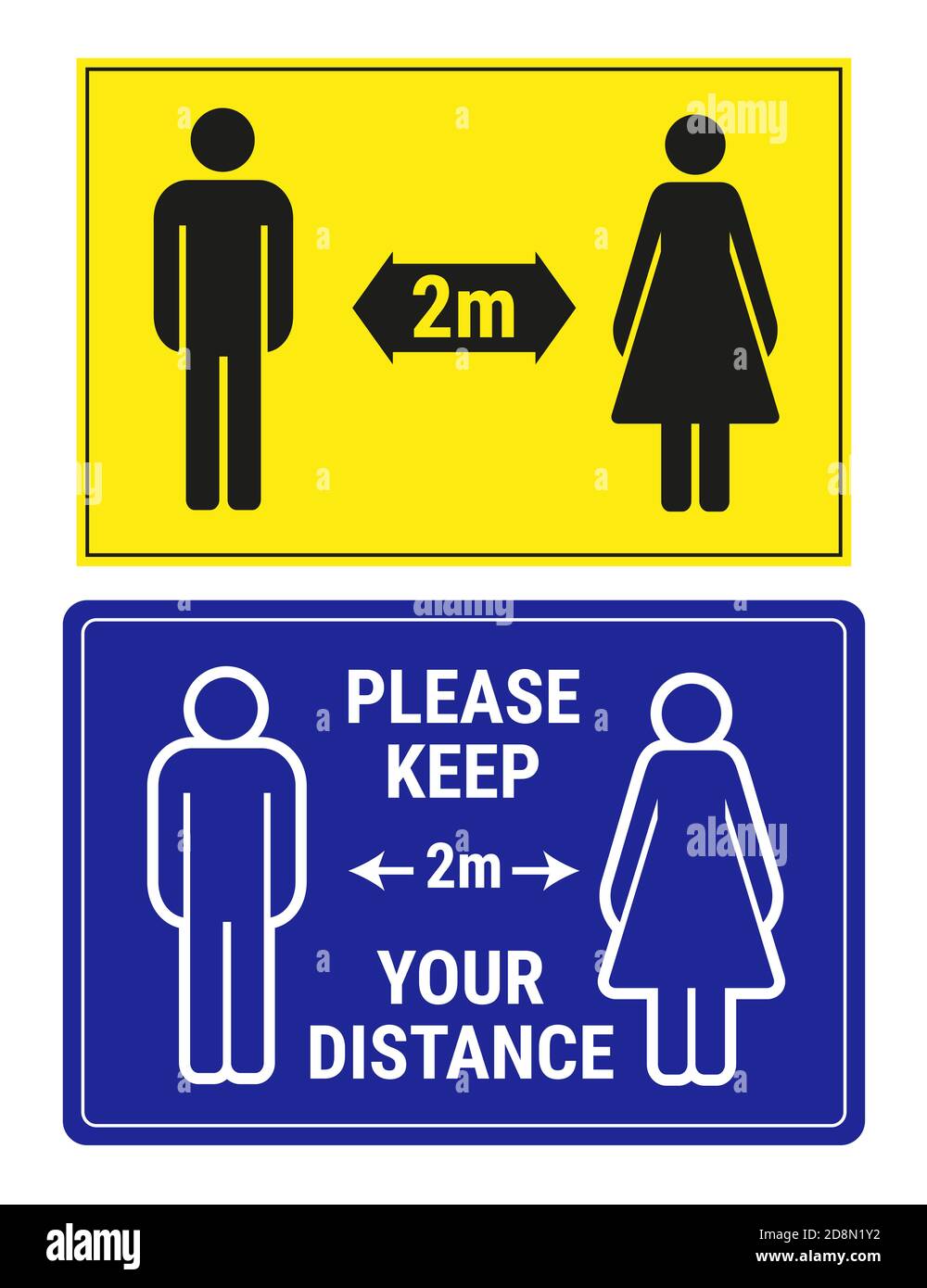 2 social distance signs, illustration. Please keep your distance 2 meters yellow and blue banners, man and woman icons. Stock Photo