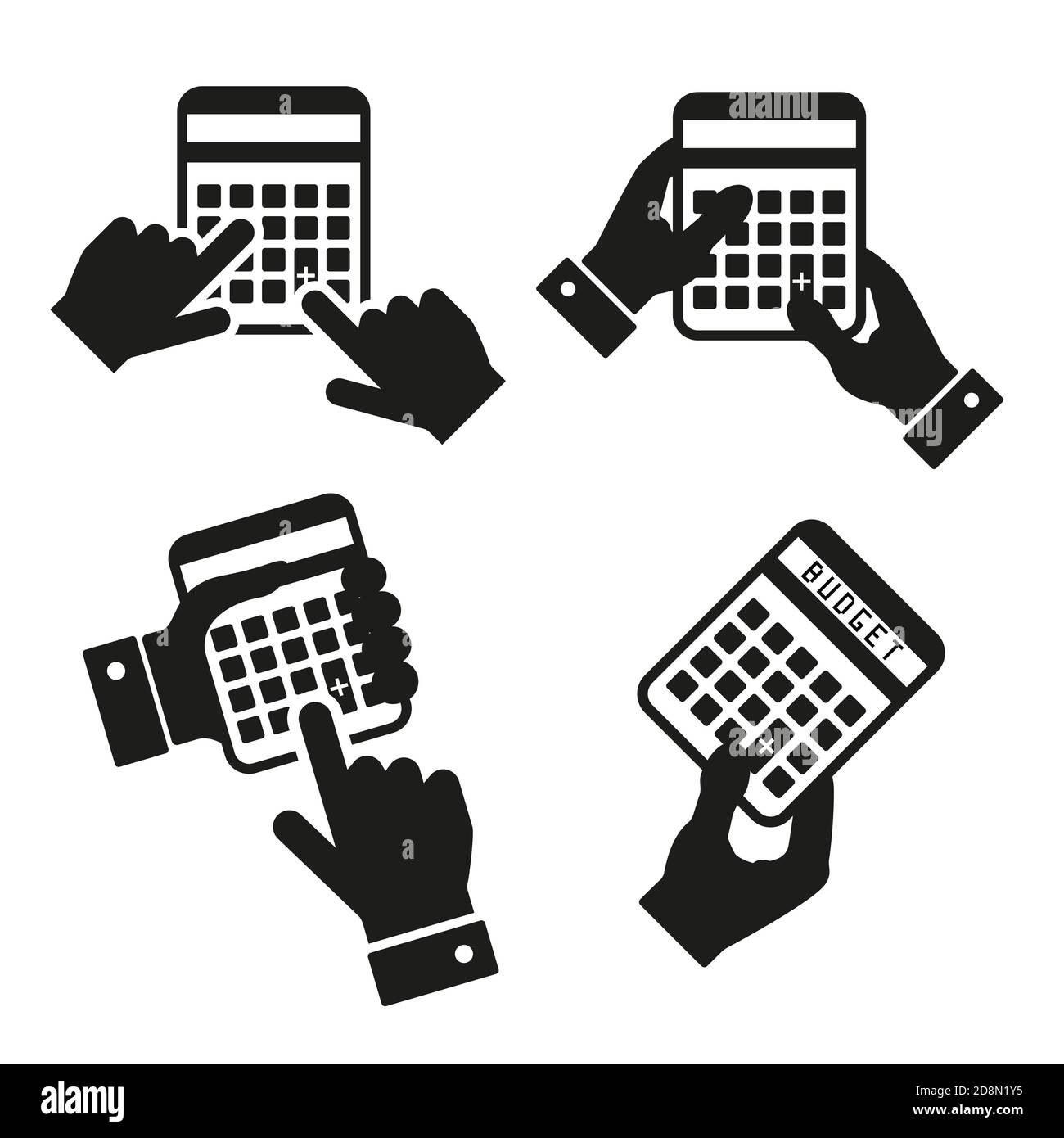 Hands with calculators icons. Calculating hands. Accounting, budget set. Stock Photo