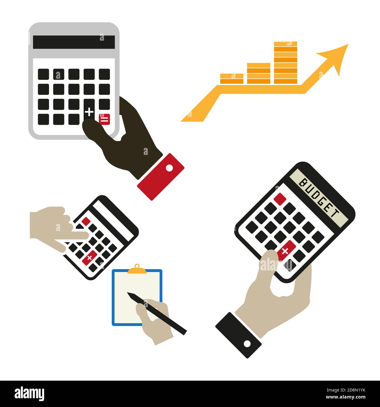 Hands with calculators icons. Calculating hands. Accounting, budget set. Stock Photo