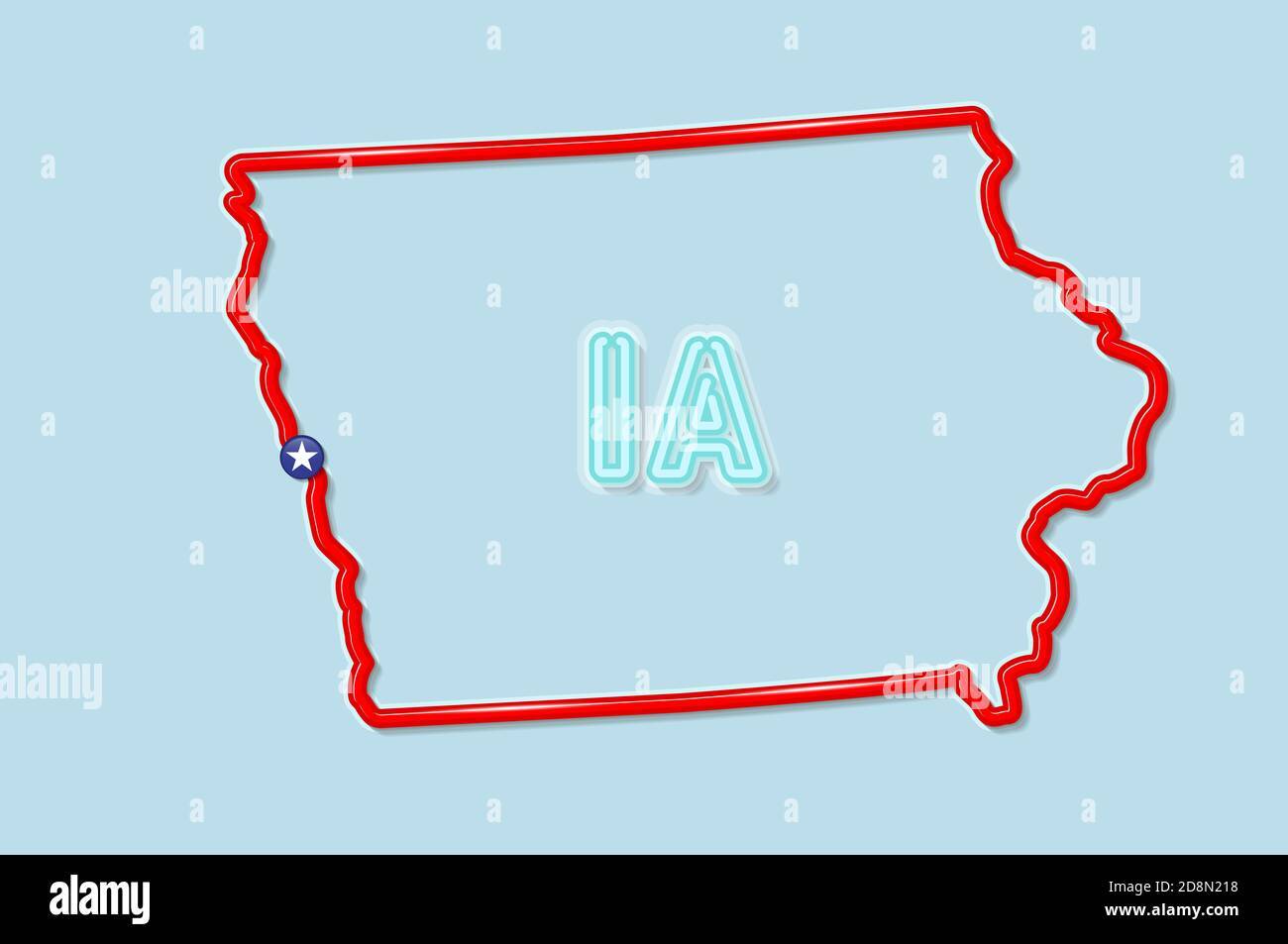 Iowa US state bold outline map. Glossy red border with soft shadow. Two