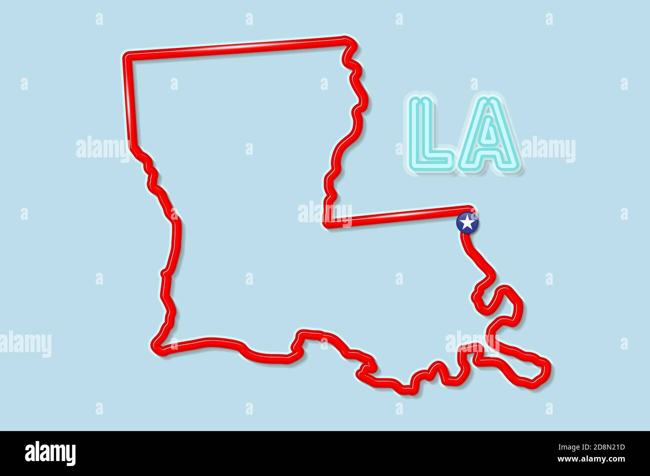 Louisiana US state bold outline map. Glossy red border with soft shadow