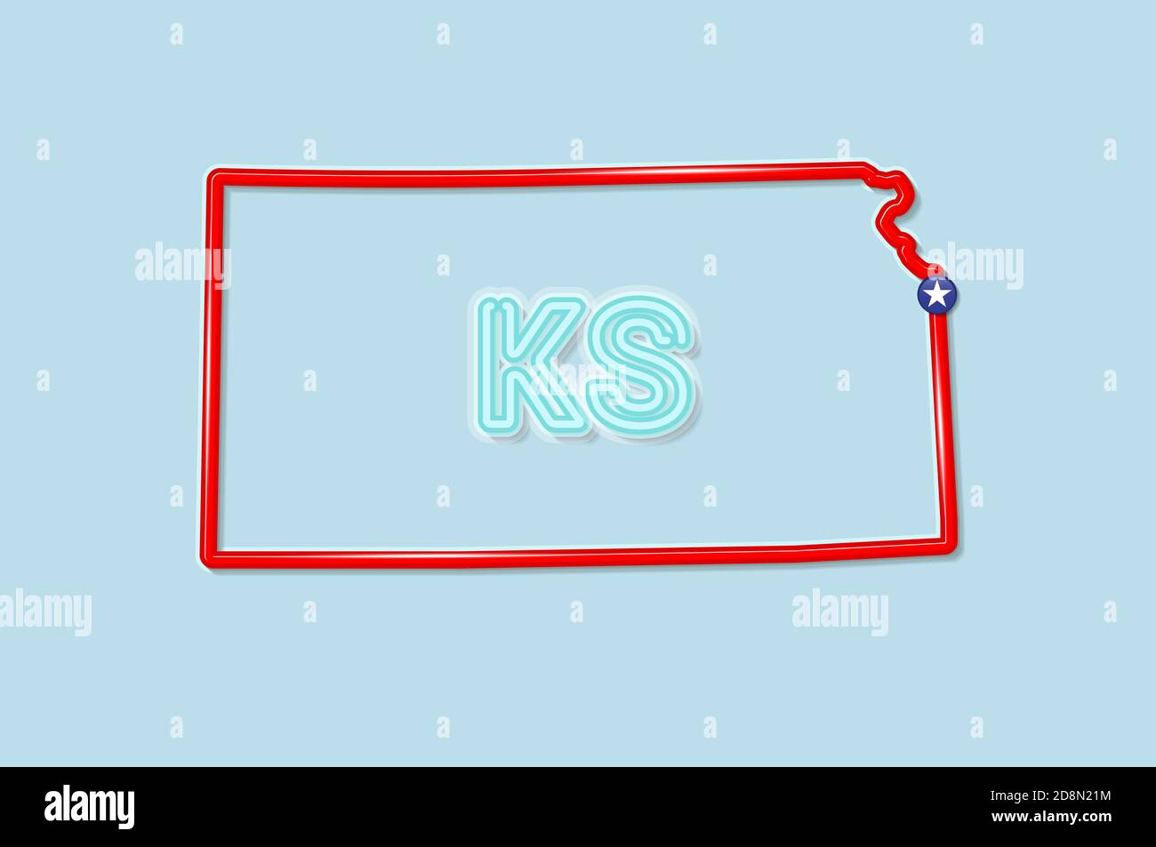 Kansas US state bold outline map. Glossy red border with soft shadow