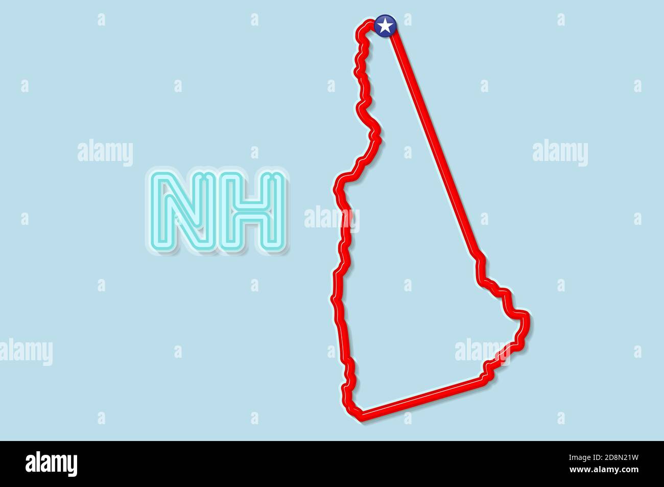 New Hampshire US state bold outline map. Glossy red border with soft