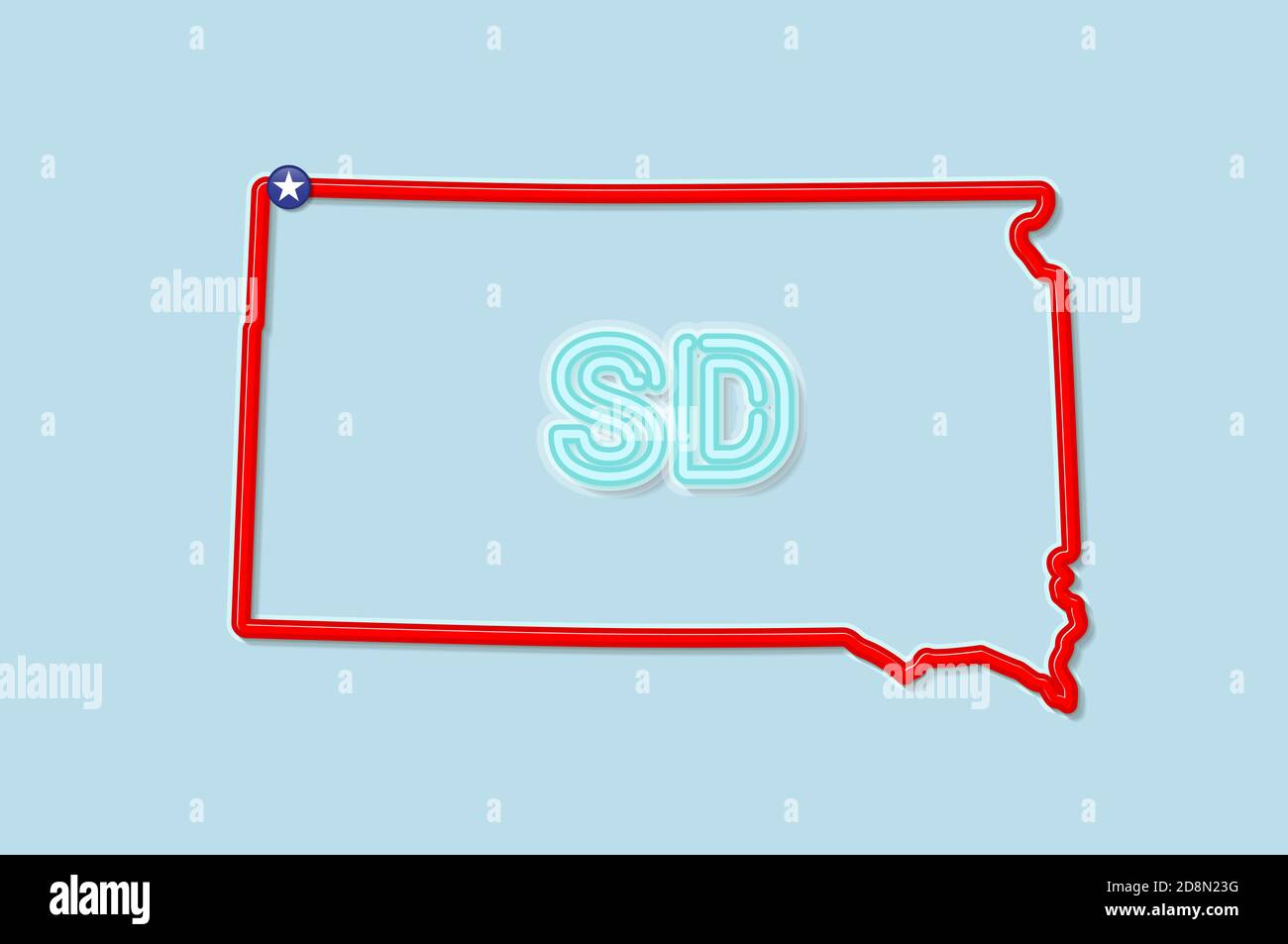South Dakota US state bold outline map. Glossy red border with soft