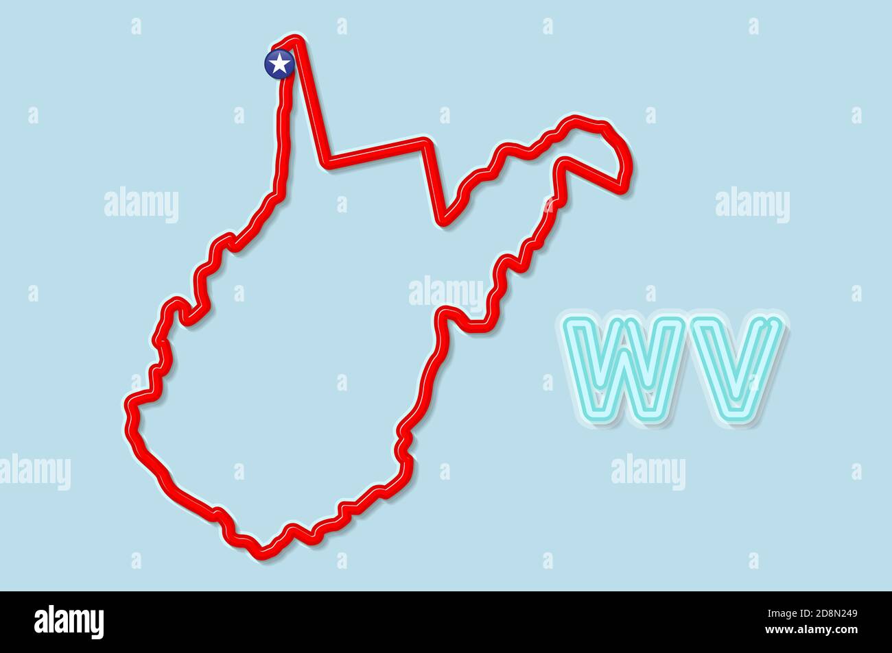 West Virginia US state bold outline map. Glossy red border with soft