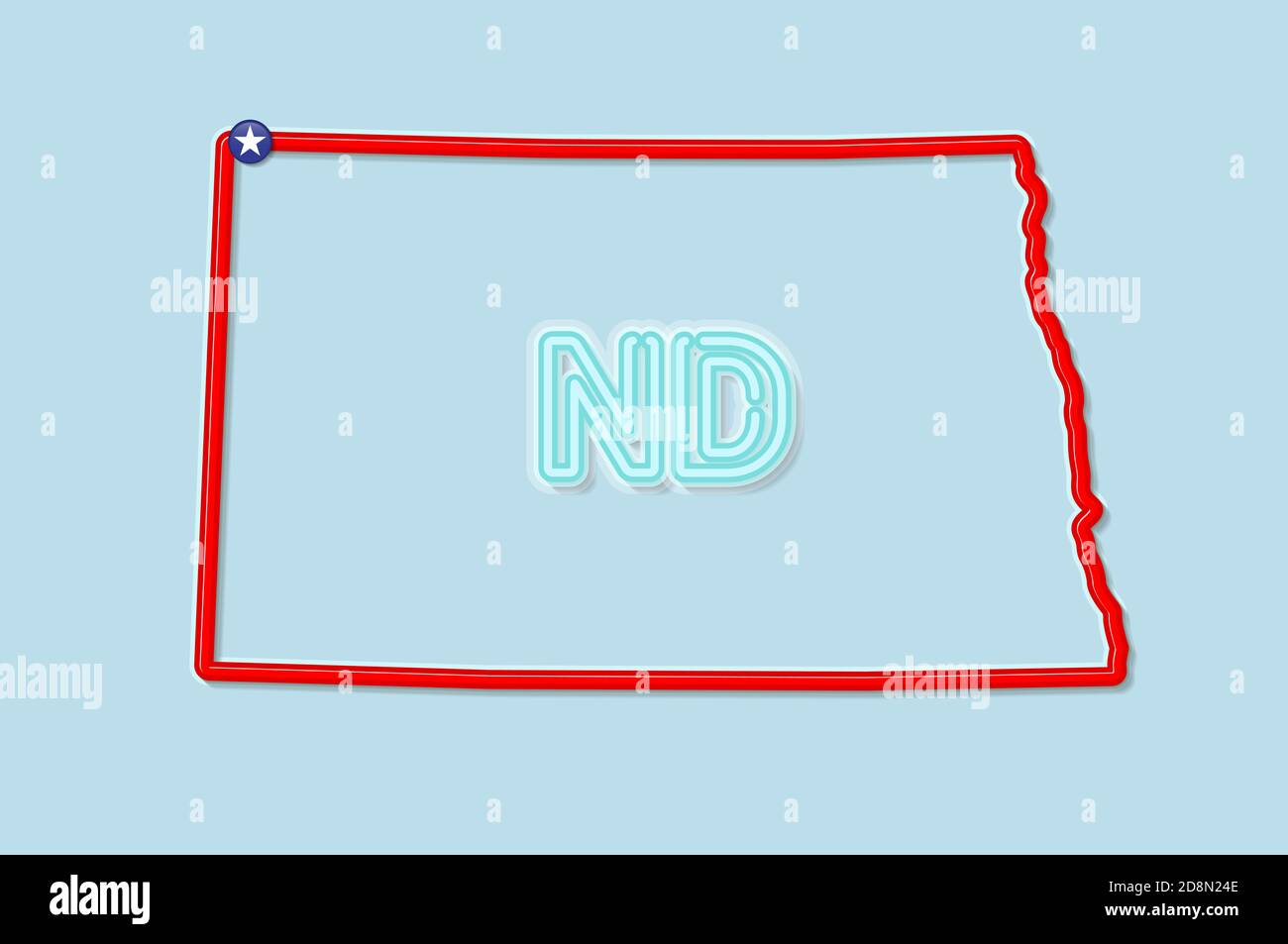 North Dakota US state bold outline map. Glossy red border with soft