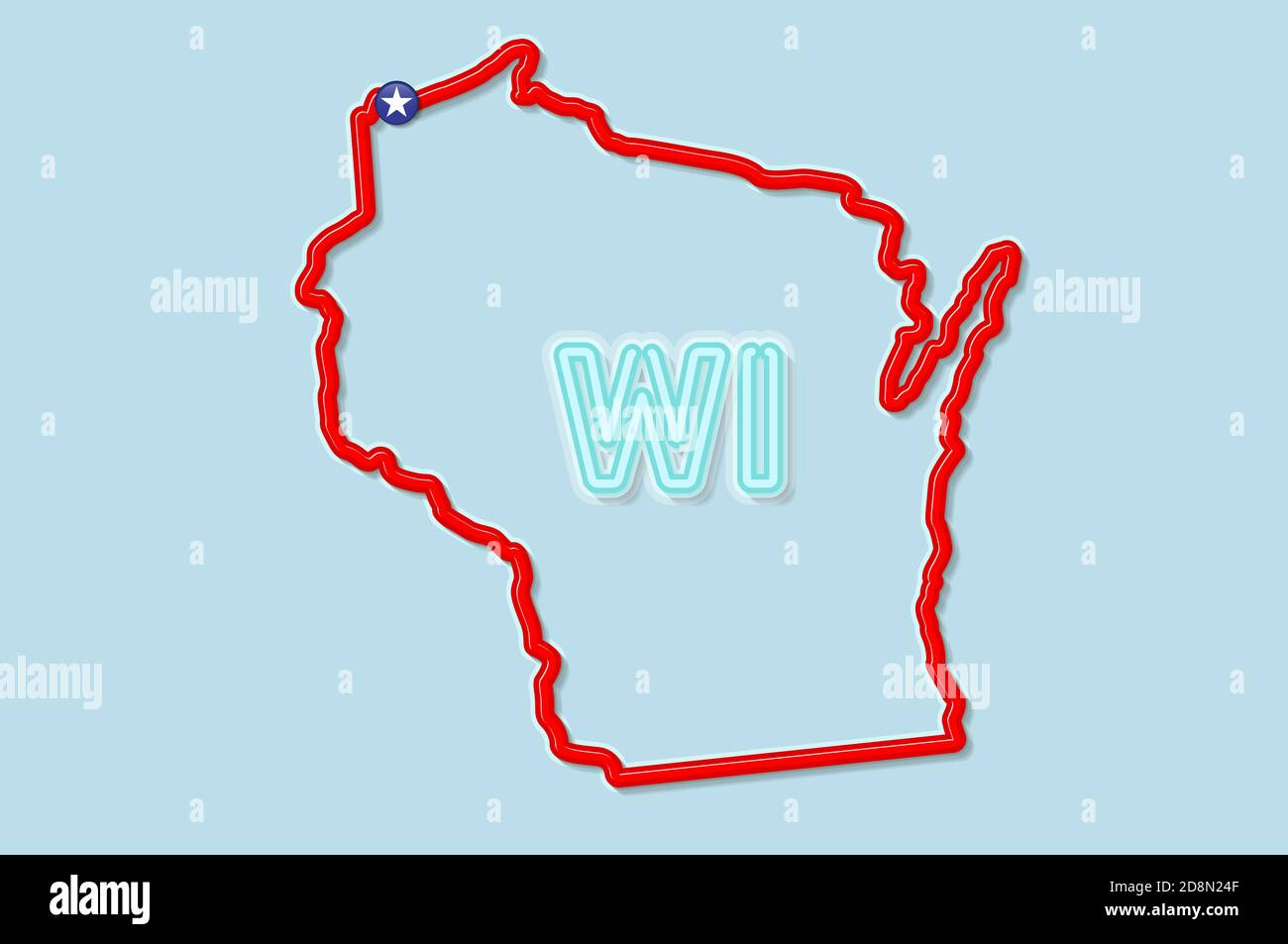 Wisconsin US state bold outline map. Glossy red border with soft shadow