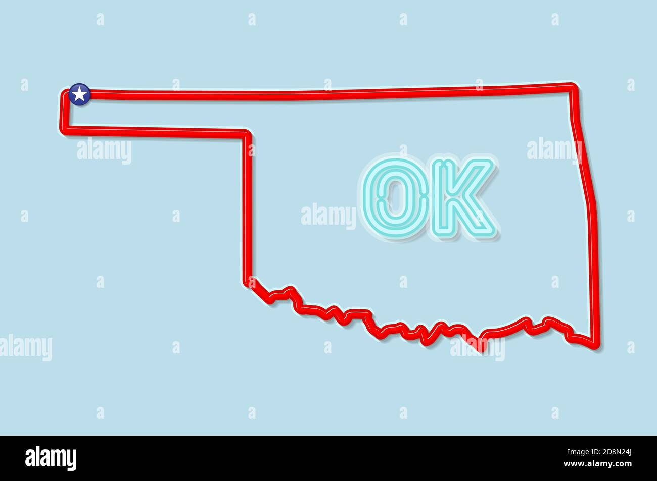 Oklahoma US state bold outline map. Glossy red border with soft shadow