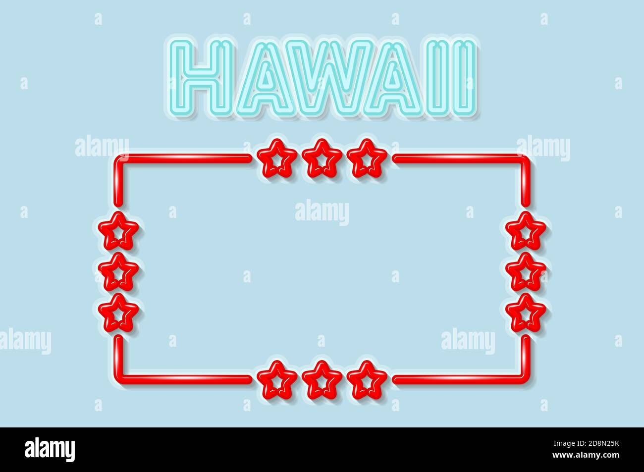 Hawaii US state soft blue neon letters lights off. Glossy bold red frame with stars. Soft shadows. Light blue background. illustration. Stock Photo