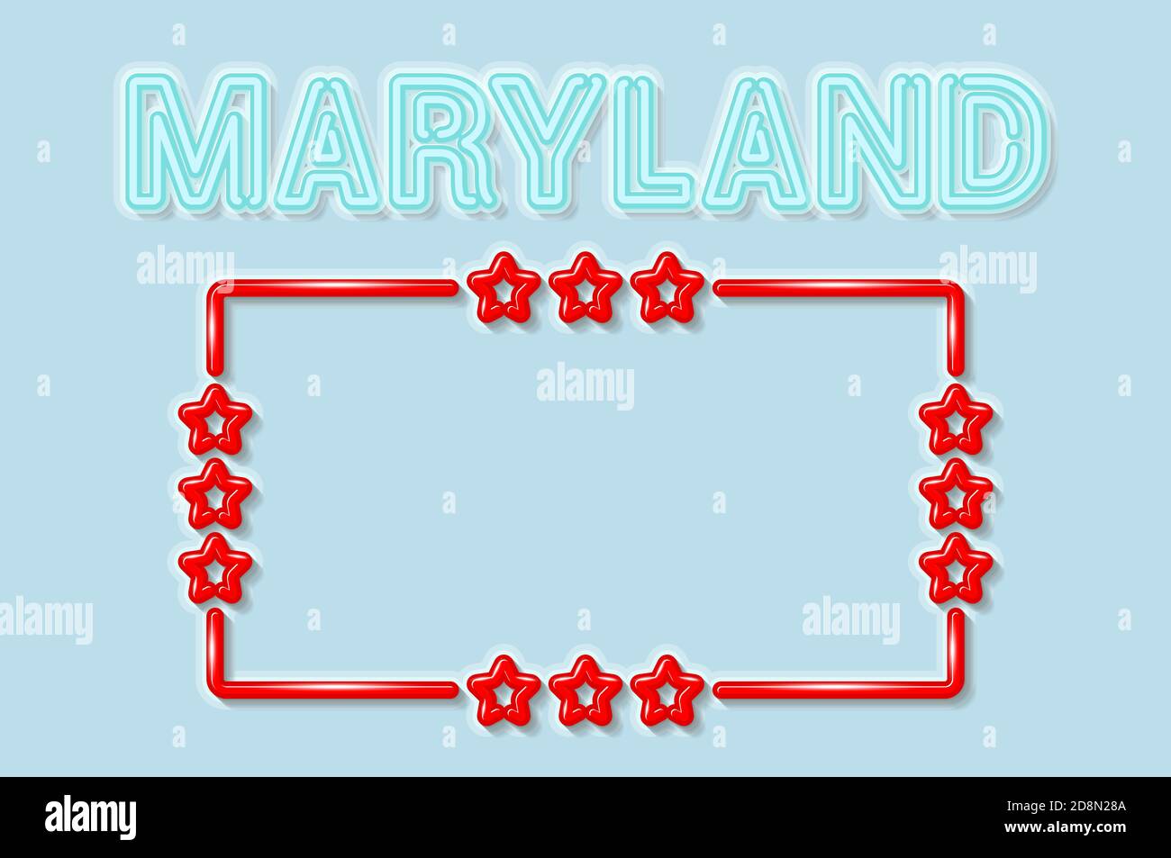Maryland US state soft blue neon letters lights off. Glossy bold red frame with stars. Soft shadows. Light blue background. illustration. Stock Photo
