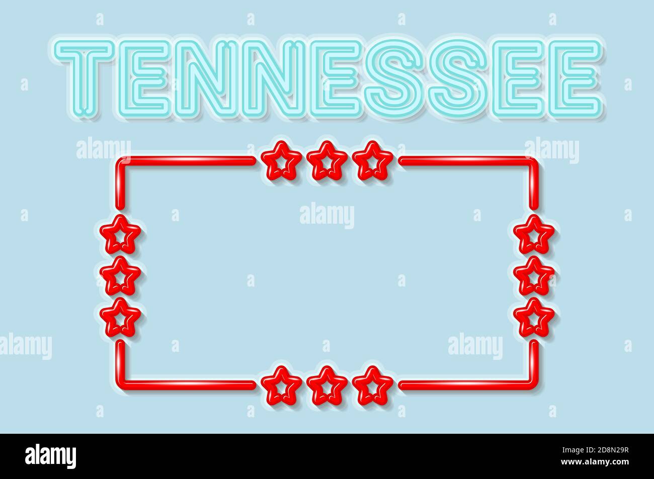 Tennessee US state soft blue neon letters lights off. Glossy bold red frame with stars. Soft shadows. Light blue background. illustration. Stock Photo