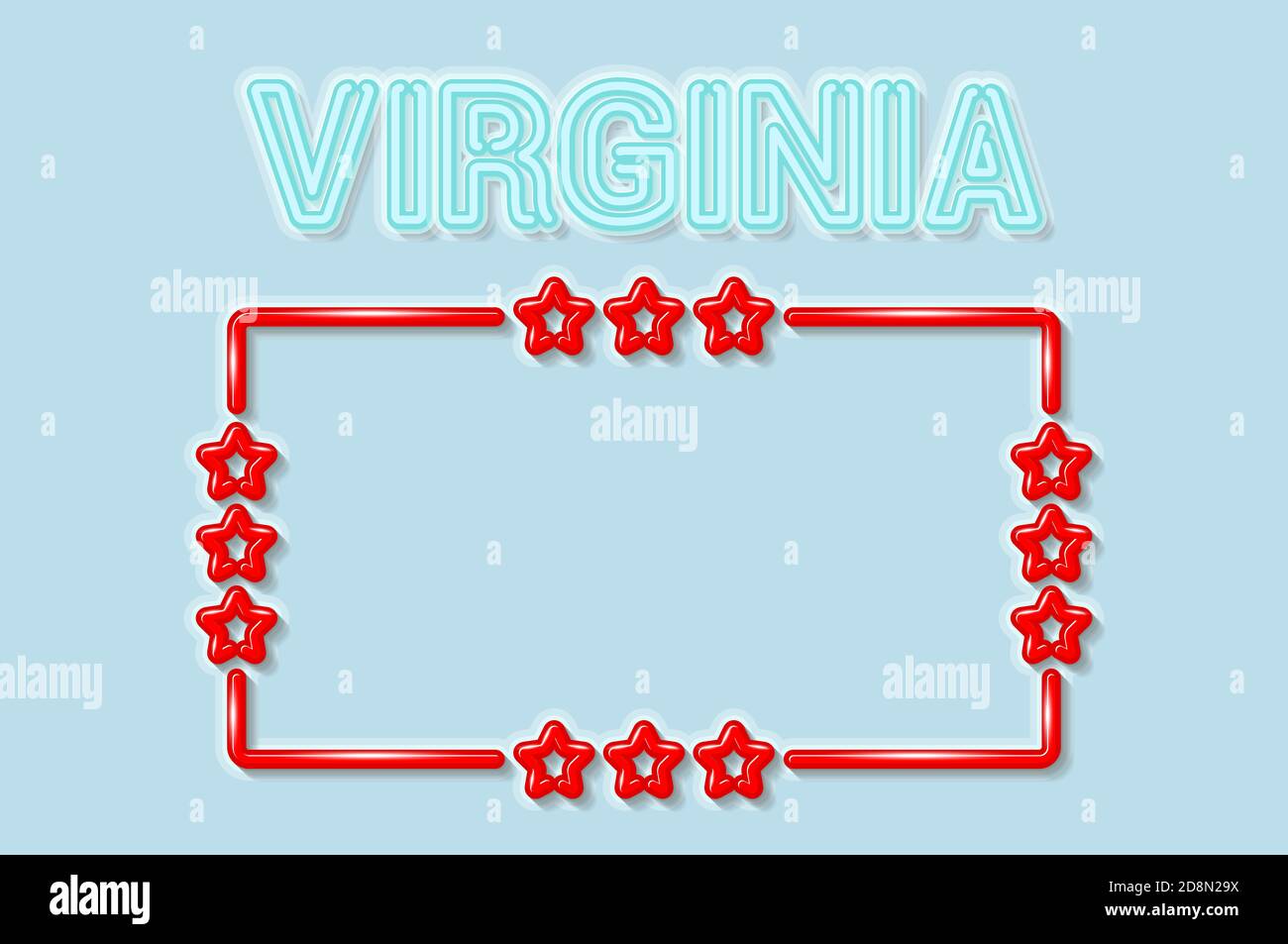 Virginia US state soft blue neon letters lights off. Glossy bold red frame with stars. Soft shadows. Light blue background. illustration. Stock Photo