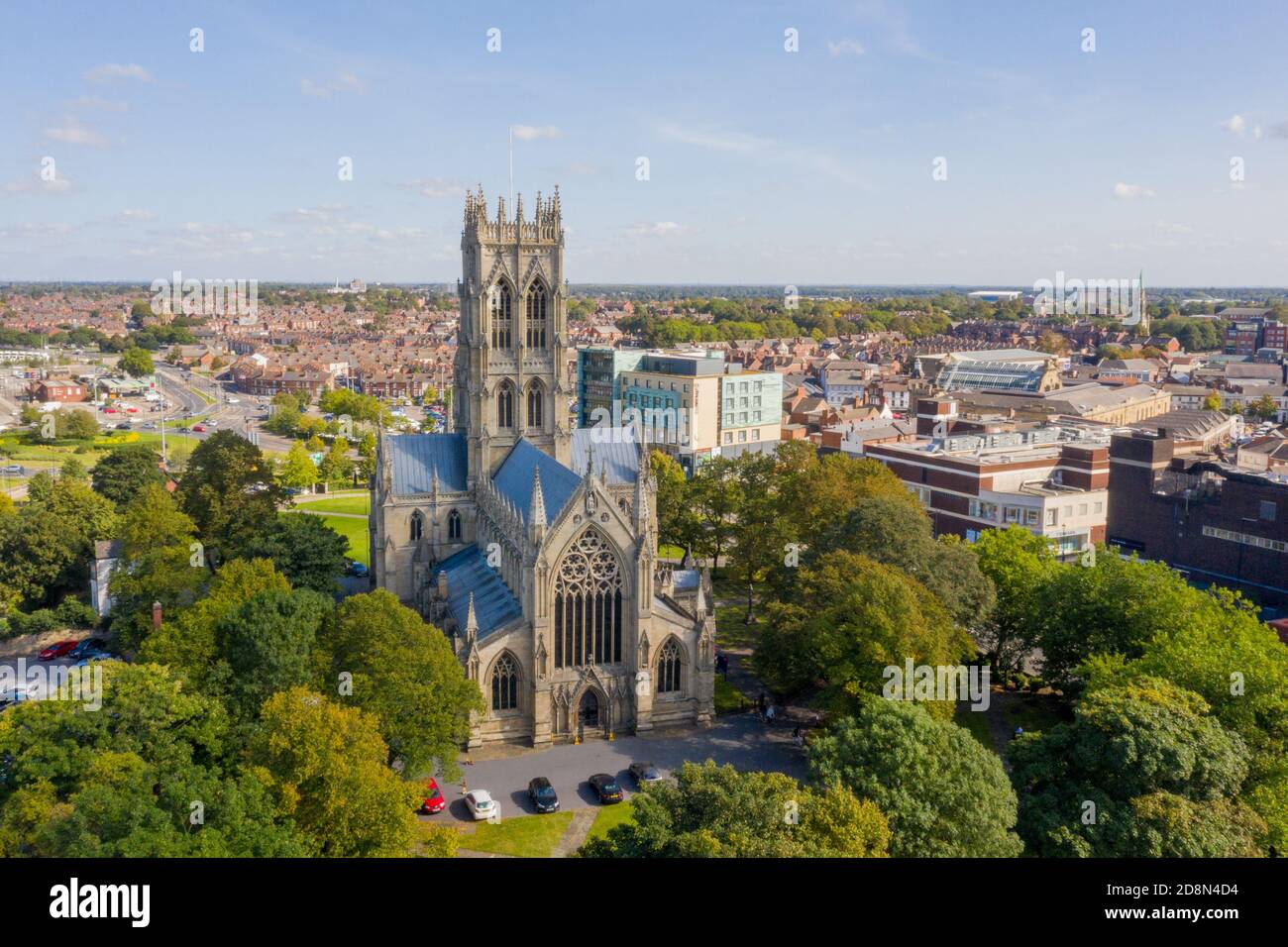 Doncaster St Georges Minster drone photograph of large church showing surrounding town centre area of Doncaster South Yorkshire on a sunny day Stock Photo