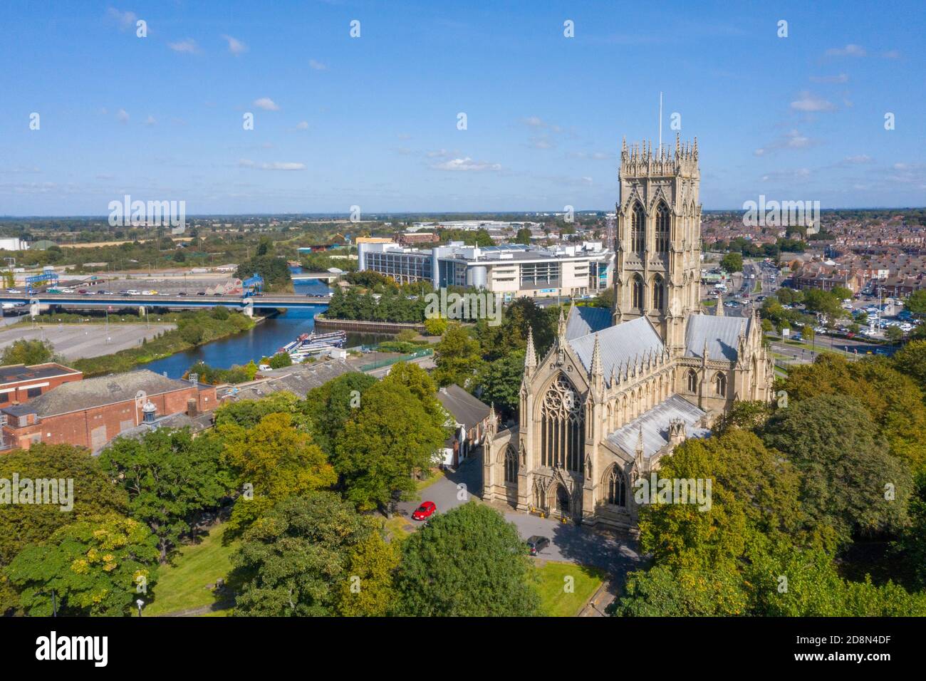 St George Church Doncaster,  South Yorkshire Minster photographed from above on a sunny day. Aerial view of Doncaster Stock Photo