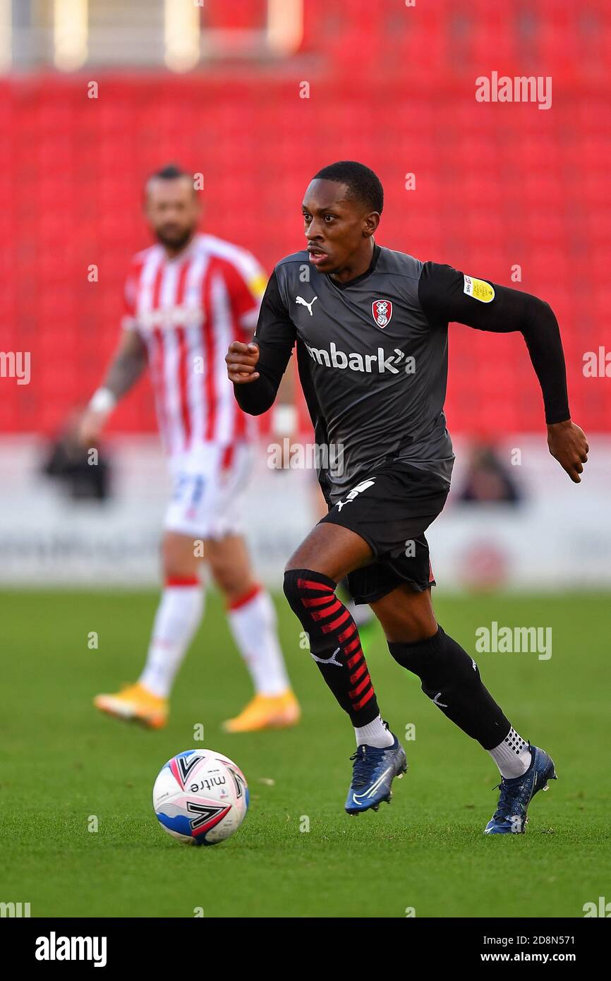 STOKE ON TRENT, ENGLAND. OCTOBER 31ST Mickel Miller of Rotherham United runs with the ball during the Sky Bet Championship match between Stoke City and Rotherham United at the Britannia Stadium, Stoke-on-Trent on Saturday 31st October 2020. (Credit: Jon Hobley | MI News) Credit: MI News & Sport /Alamy Live News Stock Photo