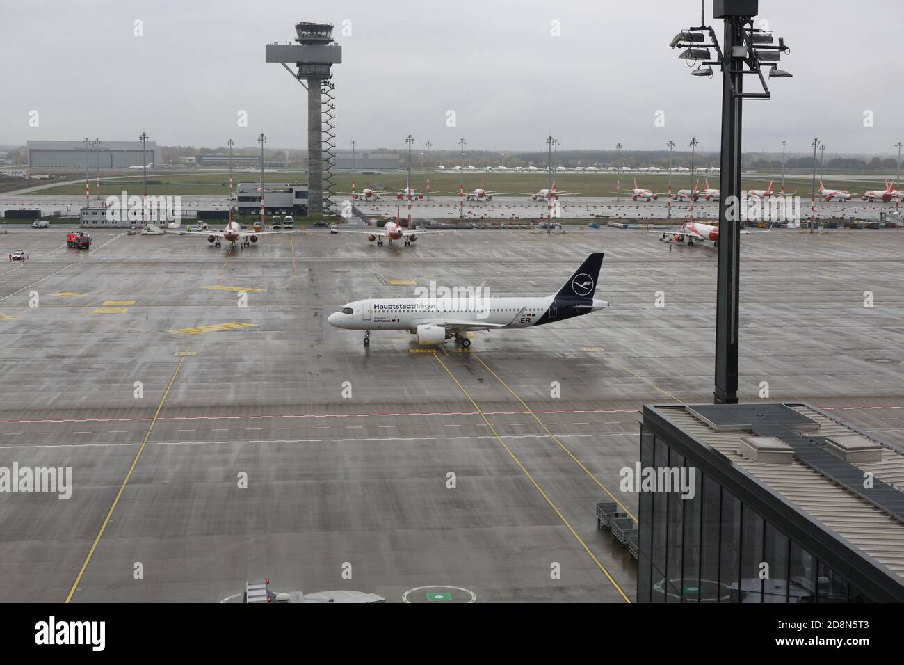 10/31/2020, Schönefeld, Germany, Arrival of the first Lufthansa flight at the new Berlin Brandenburg Willy Brandt Airport in Schönefeld.. Arrival of the first two flights from easyJet and Lufthansa to the new Berlin Brandenburg Willy Brandt Airport in Schönefeld. on  October 31th. Stock Photo