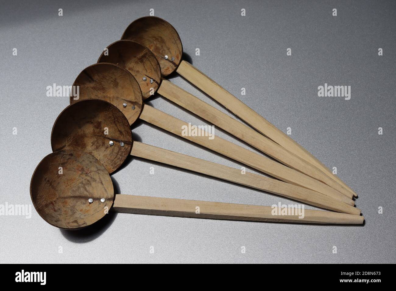 Traditional coconut shells spoons. Strong, durable and healthy. This is one of trusted creations and we never throw even a piece of a coconut tree. Stock Photo