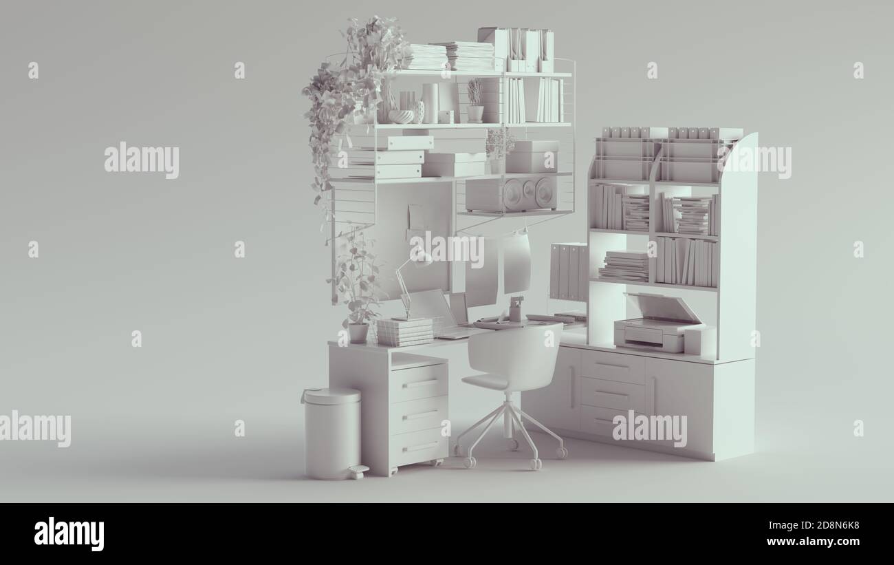 White Home Office Medium Sized Corner Space with Shelves Simple Setup 3d illustration Stock Photo