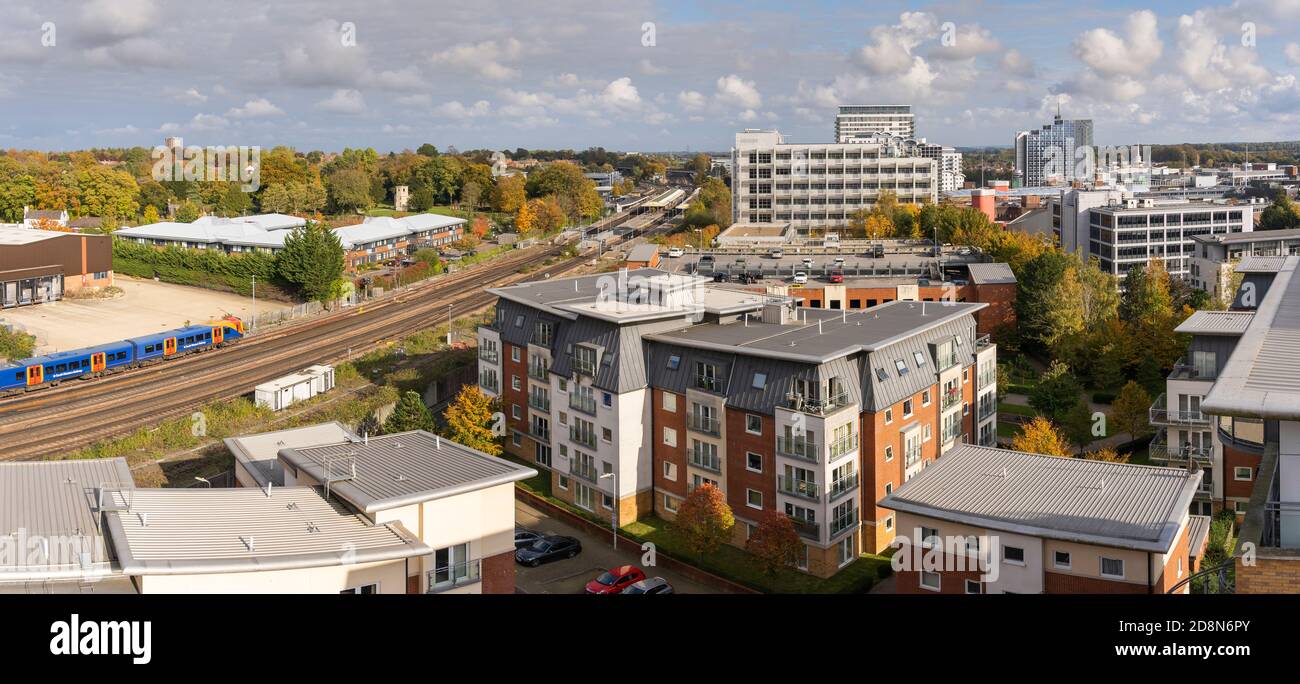 An autumn aerial panorama view across Basingstoke town centre, railway station and high rise flats. Concept: renting, cost of living, housing market Stock Photo