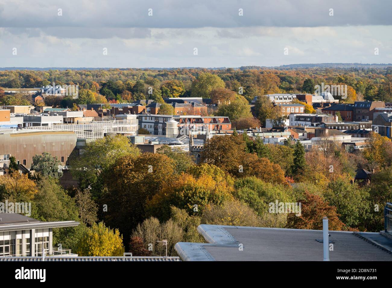 An autumn aerial view looking down on Church Street and Winchester Street and colourful trees in Basingstoke town centre, Hampshire, UK Stock Photo