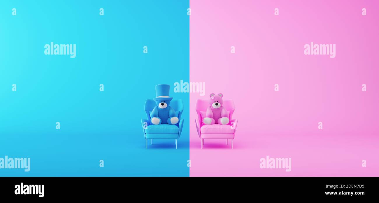 Pink and blue teddy bear sitting on armchair. The difference between