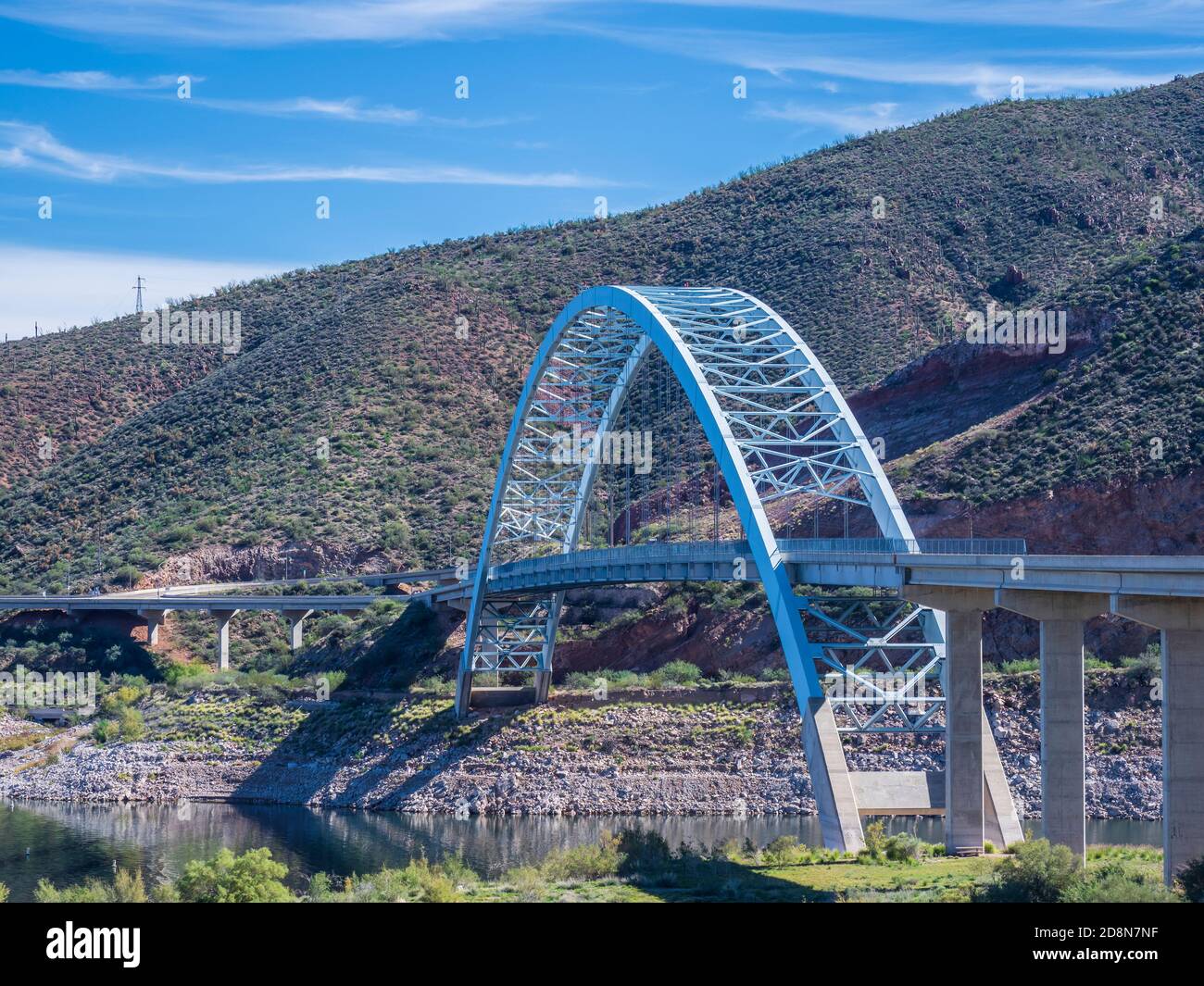 Arch bridge behind Theodore Roosevelt Dam, Arizona Highway 188 north of Globe, Arizona. Stock Photo